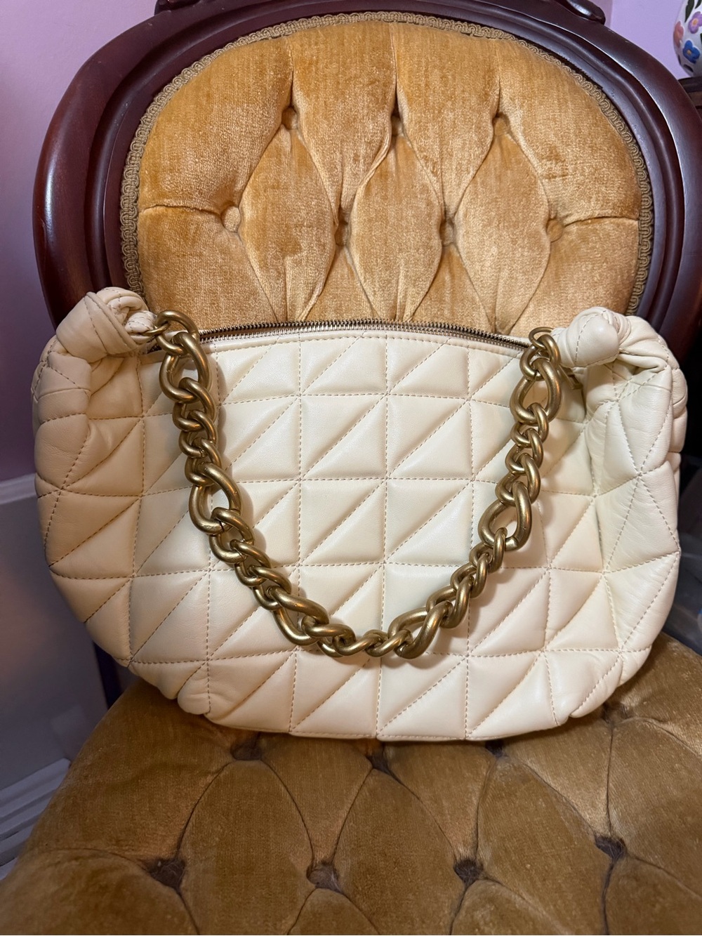 Zara Cream Quilted Chain-Handle Shoulder Bag
